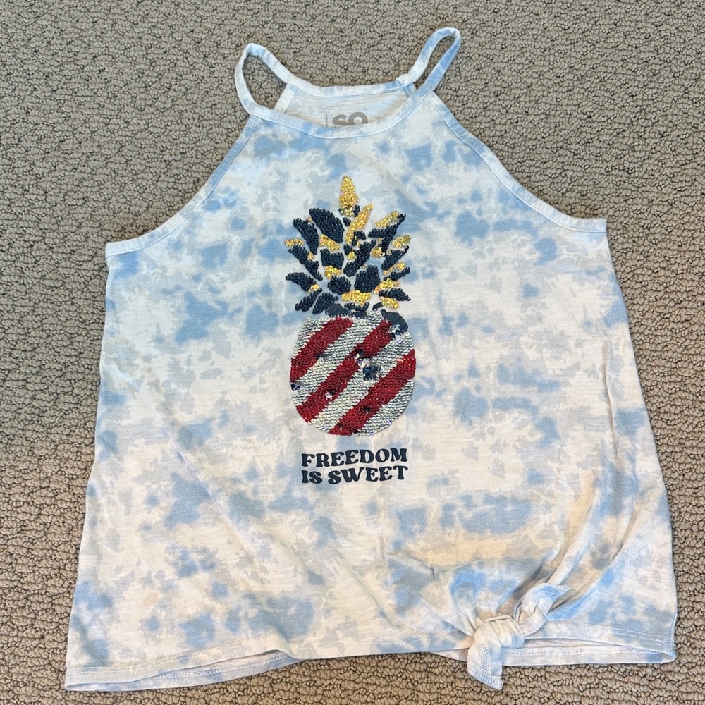 SO Light Blue Tie-Dye Tank Top with Sequin Pineapple - Red, Navy, Gold